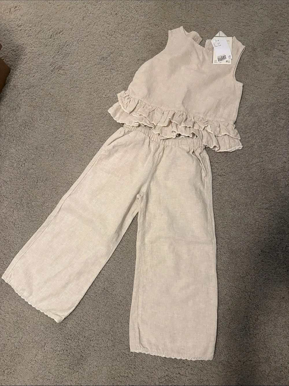 H&M Cream Ruffle Waist Linen-Blend Top and Wide-Leg Pants Set